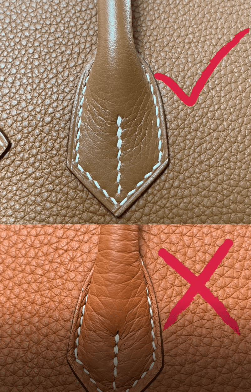 Hand-stitched on top, machine-stitched below, luxury leather bag stitching comparison