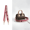 lucky-canvas-shoulder-strap-speedy-bag-combo Red and beige “LUCKY” decorative canvas shoulder strap with gold hardware, shown separately and paired with brown Speedy handbag.