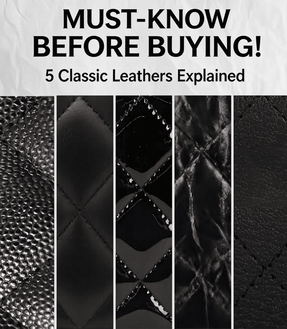 From left: Lambskin, Caviar, Patent, Vintage Calfskin, Goatskin