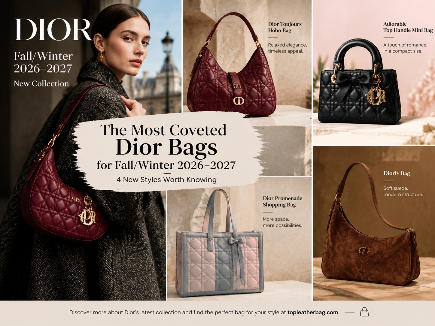Discover four standout bag styles to explore from the Dior Fall/Winter 2026–2027 collection, from the relaxed Toujours Hobo to the elegant Adiorable Mini and spacious Promenade Shopping Bag.