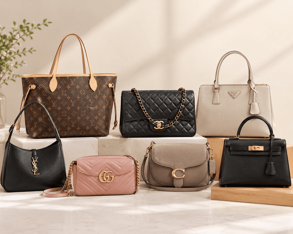 A selection of stylish everyday designer handbags in neutral and seasonal colors