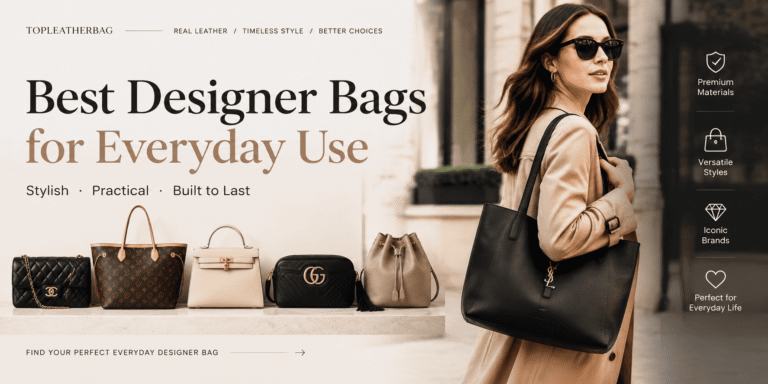 A selection of everyday designer handbags, including tote bags, quilted shoulder bags, and crossbody styles, with a woman carrying a black leather tote.