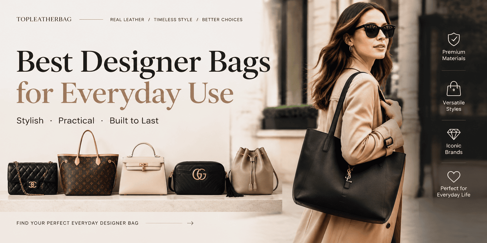 A selection of everyday designer handbags, including tote bags, quilted shoulder bags, and crossbody styles, with a woman carrying a black leather tote.