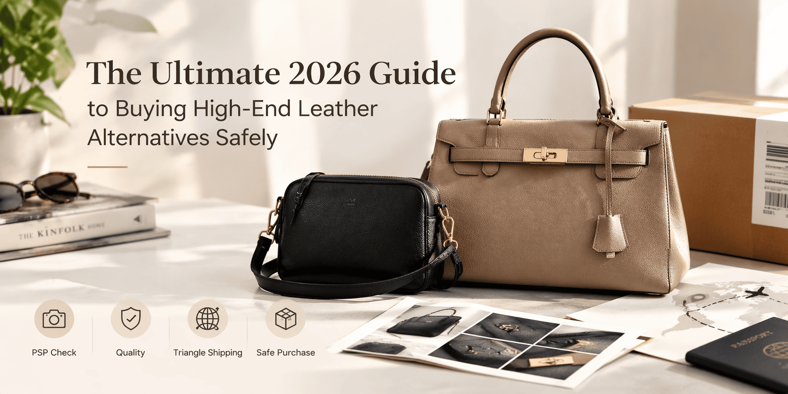 A selection of neutral leather handbags illustrating a 2026 guide to safe online shopping, pre-shipment photos, shipping, and quality checks.