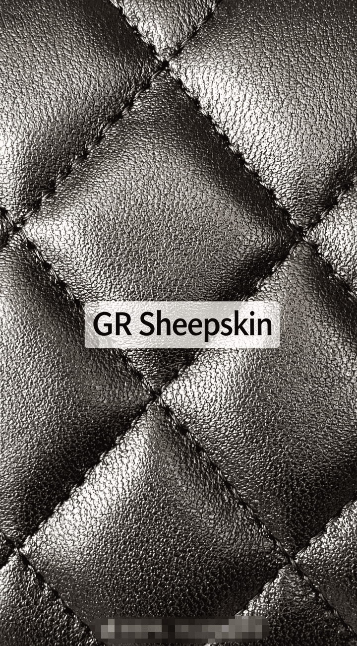 GR Sheepskin quilted leather texture, black diamond stitching, soft grain leather, glossy finish, luxury material for handbags, wallets and accessories