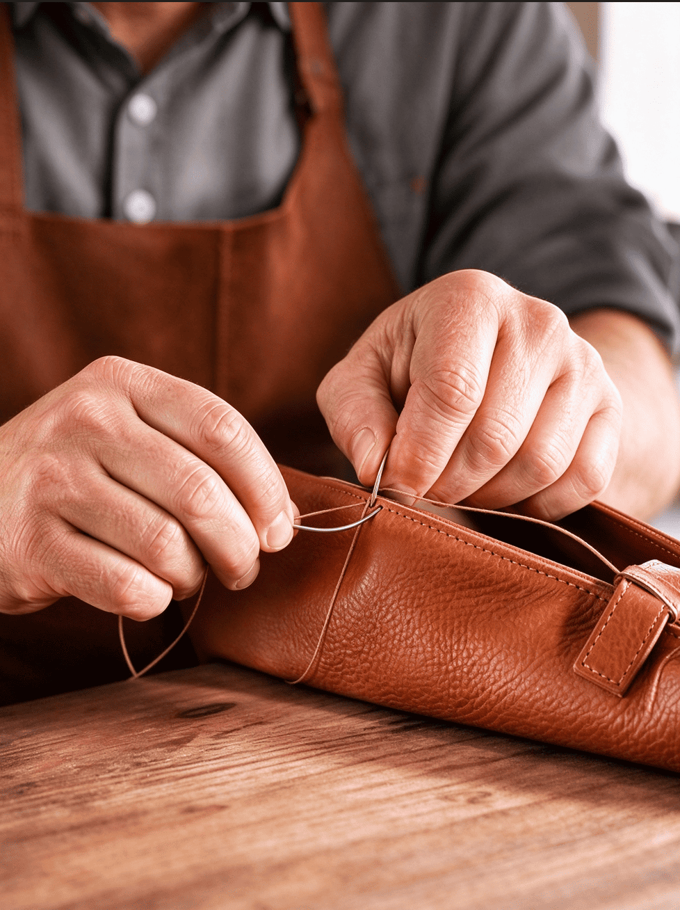 Artisan hand stitching caviar leather bag with waxed linen thread, traditional saddle stitch leather craftsmanship close-up