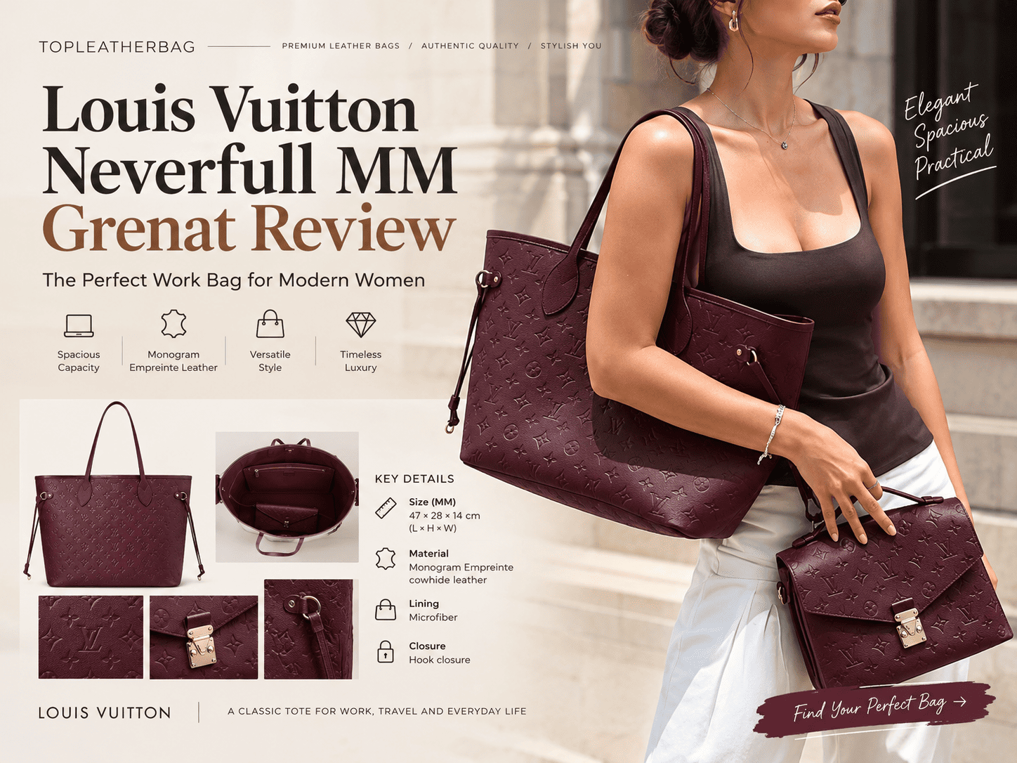 Louis Vuitton Neverfull MM Grenat Burgundy Leather Bag