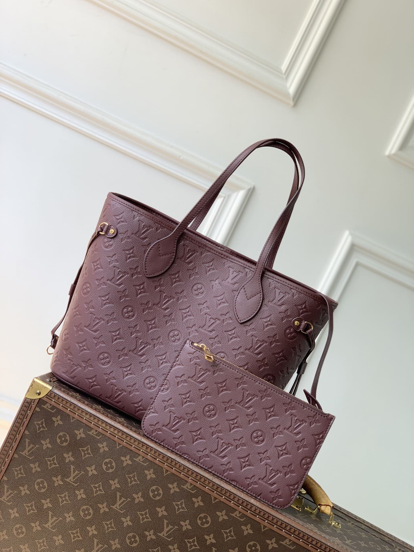 Louis Vuitton Neverfull MM Monogram Empreinte burgundy luxury tote bag, designer handbag with removable zipper pouch