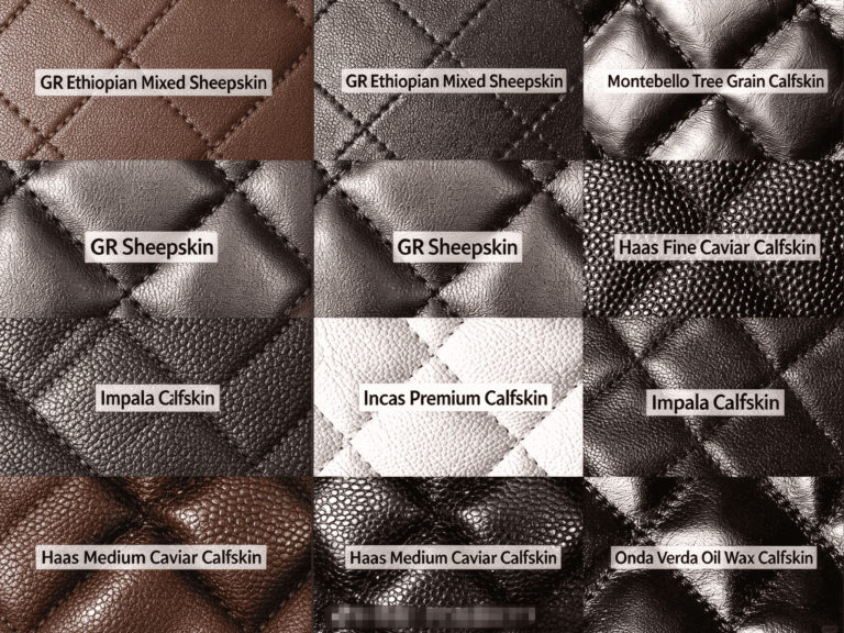 Luxury leather material comparison, 7 types of quilted caviar leather, sheepskin, calfskin, oil wax leather, black and white leather texture for bags and accessories