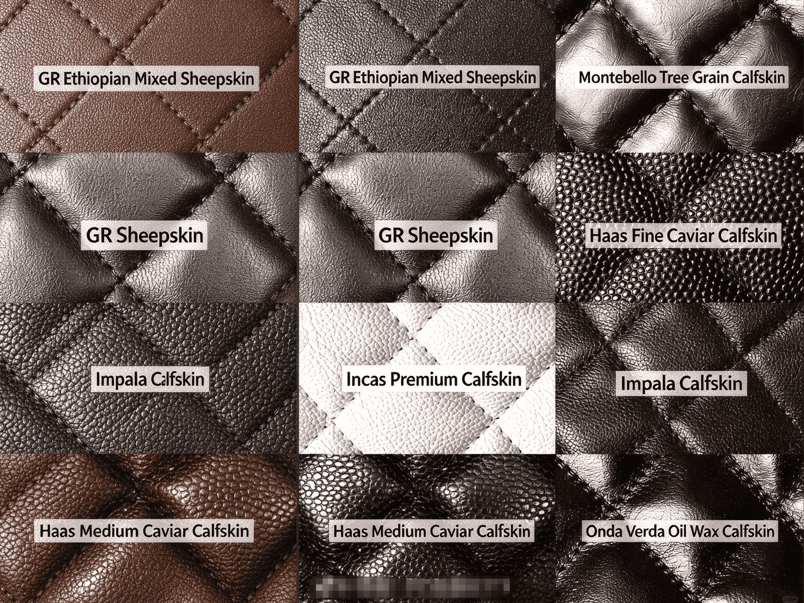 Luxury leather material comparison, 7 types of quilted caviar leather, sheepskin, calfskin, oil wax leather, black and white leather texture for bags and accessories