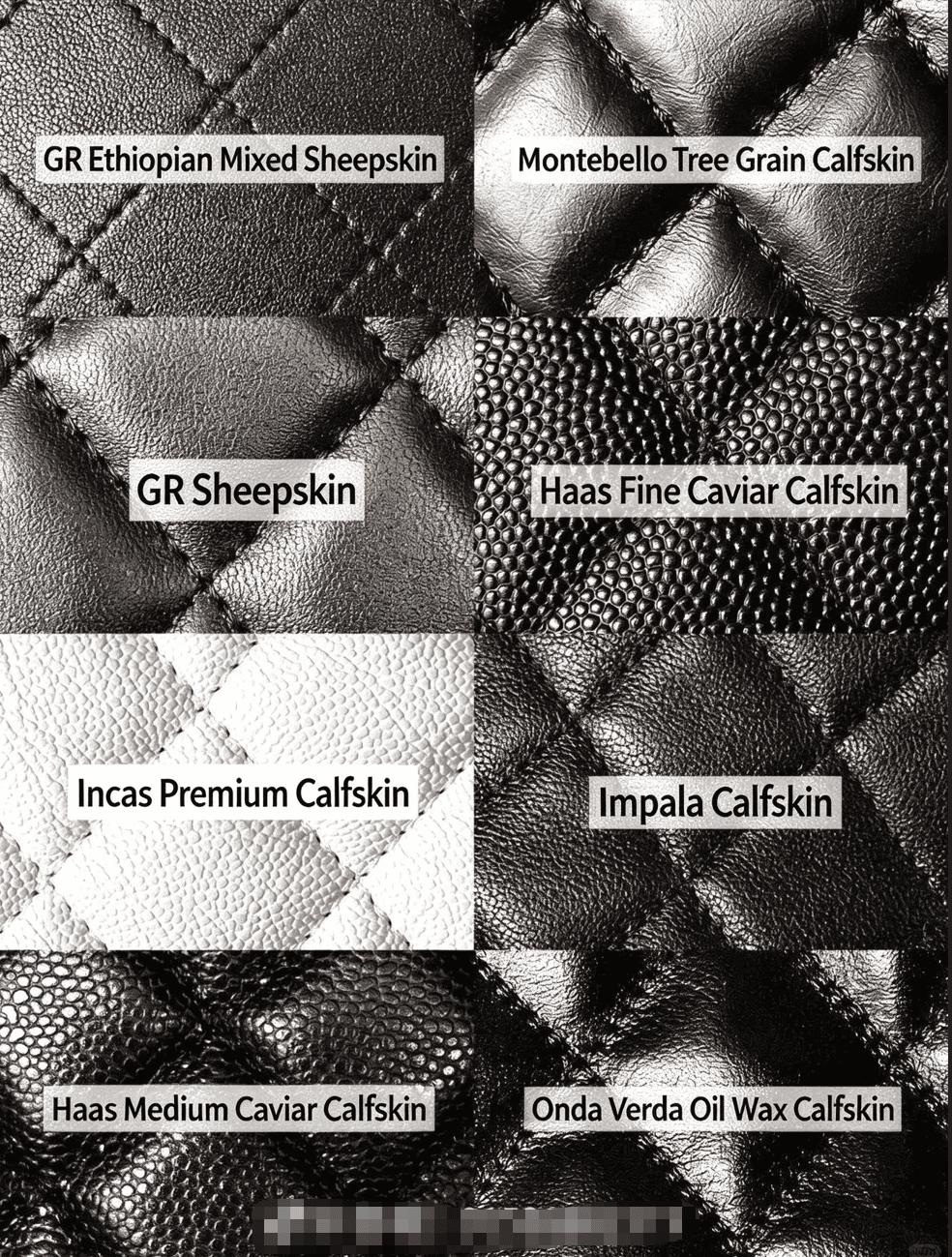 Luxury leather material comparison, 7 types of quilted caviar leather, sheepskin, calfskin, oil wax leather, black and white leather texture for bags and accessories
