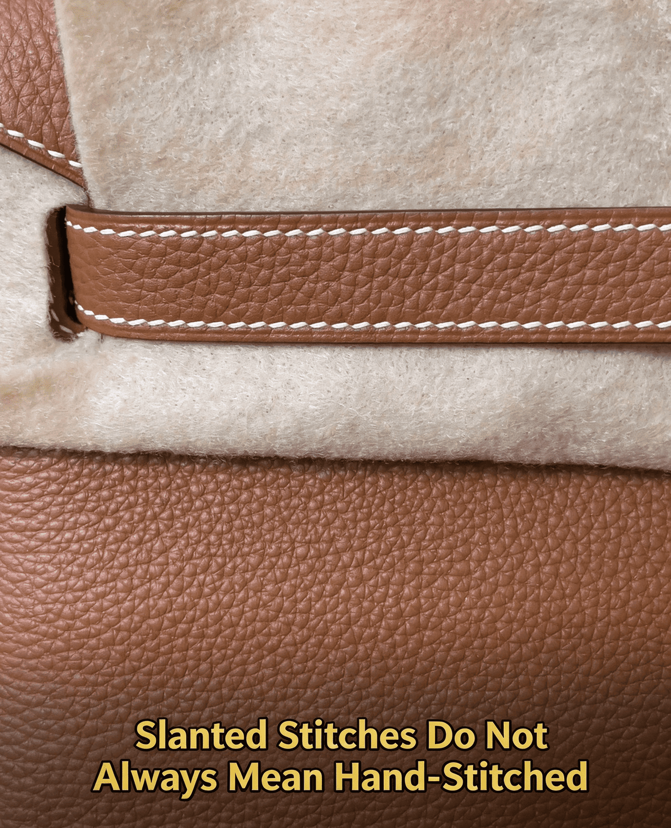Slanted stitches do not always mean hand-stitched, brown leather strap with white diagonal stitching, luxury bag craftsmanship detail, leather sewing technique comparison
