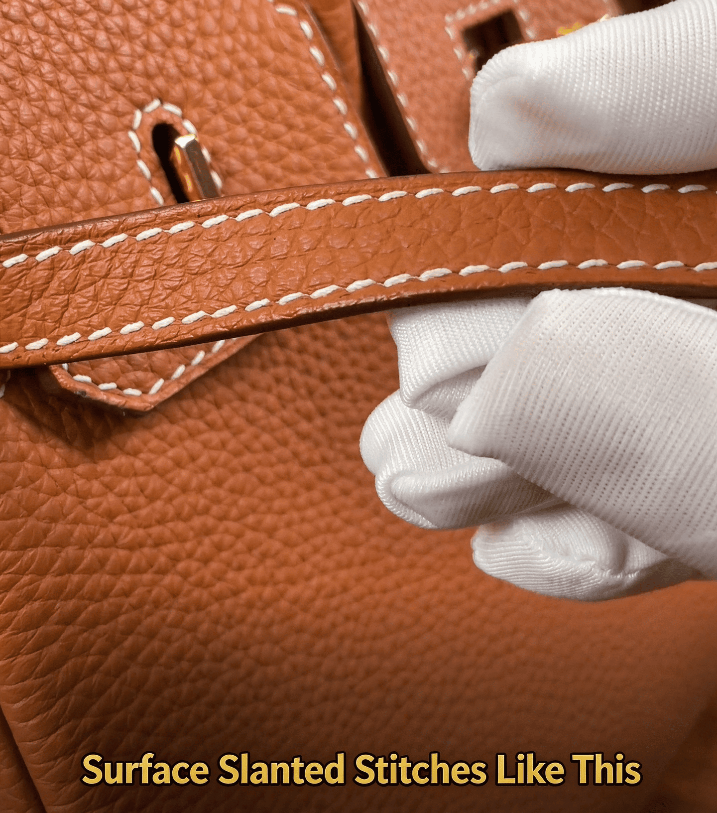 Surface slanted stitches on a brown leather strap, white diagonal stitching, luxury bag detail, white glove inspection, leather craftsmanship close-up