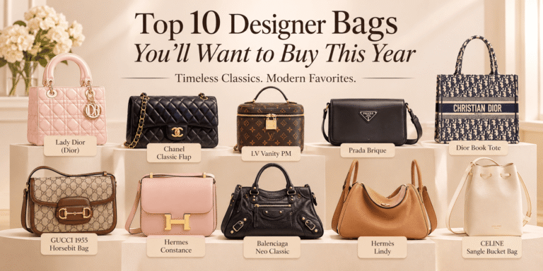 Top 10 luxury designer bags to consider this year, featuring Lady Dior, Chanel, LV Vanity PM, Prada Brique, Dior Book Tote, Gucci 1955, Hermès bags, Balenciaga Neo Classic, and CELINE Sangle.